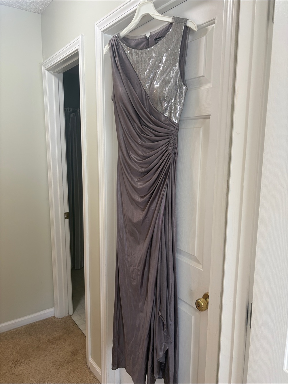 Adrianna Papell Silver Sequin & Pewter Gray Draped Maxi Gown